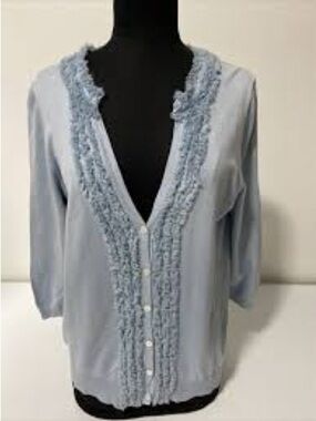 Talbots Petiites Light Blue Ruffle-Trim V-Neck Cardigan